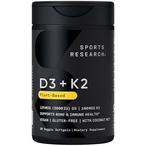 Sports Research Vegan Vitamin D3 + K2 with Coconut Oil (5000 IU D3 + 100mcg MK-7, 30 Softgels) Softgel