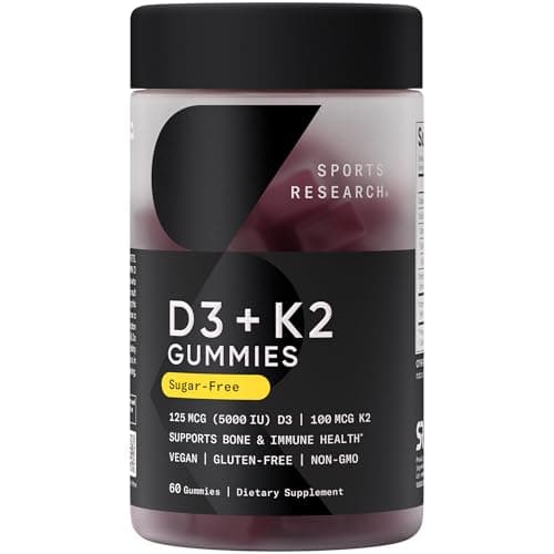 Sports Research Vegan Vitamin D3 + K2 Sugar-Free Gummies (5000 IU D3 + 100mcg MK-7, 60 Count) Gummy