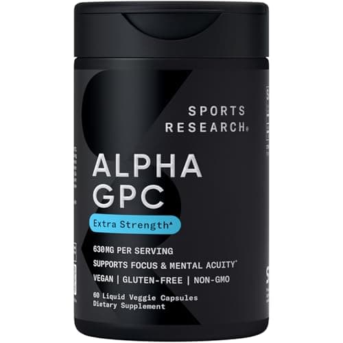 Sports Research® Alpha GPC 630mg (Extra Strength) - Bioavailable Source of Choline - Focus & Cognitive Support for Women & Men - Vegan Certified · Non-GMO · Gluten Free - 60 Liquid Capsules Capsule