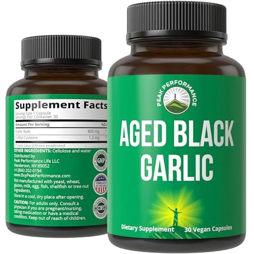 Peak Performance Aged Black Garlic Capsules. Raw Vegan Pure Odorless Extract Supplement Pills for Cholesterol, and Immune Support. from Garlic Bulb with S-Allyl Cysteine and Antioxidants — view 1 of 5