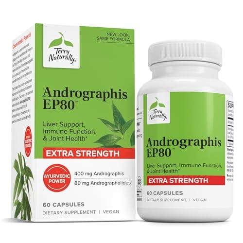 Terry Naturally Andrographis EP80 Extra Strength - Brain Health & Immune Support - Joint Health Supplement to Aid Mobility - Vegan Adaptogen Supplement for Energy & Liver Support - 60 Capsules Capsule