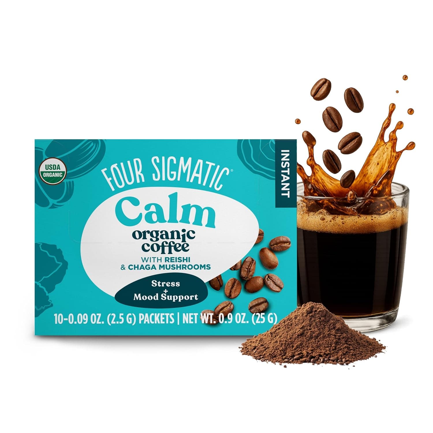 Four Sigmatic Calm Organic Instant Coffee | Medium Roast Arabica with Reishi & Chaga Mushrooms for Stress Relief & Mood Support | USDA Organic | Half Caffeine | 10 Packets Capsule