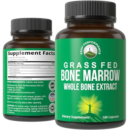 Peak Performance Grass Fed Bone Marrow - Whole Extract Supplement 180 Capsules - Superfood Pills Ric Capsule