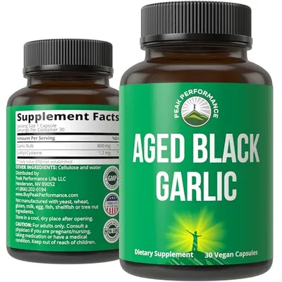 Peak Performance Aged Black Garlic Capsules. Raw Vegan Pure Odorless Extract Supplement Pills for Cholesterol, and Immune Support. from Garlic Bulb with S-Allyl Cysteine and Antioxidants Capsule