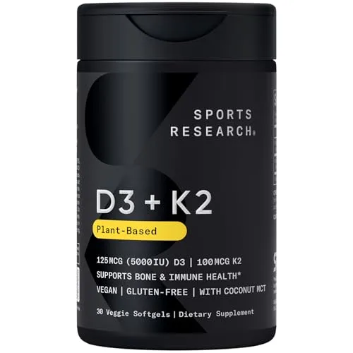 Sports Research Vegan Vitamin D3 + K2 with Coconut Oil (5000 IU D3 + 100mcg MK-7, 30 Softgels) Softgel