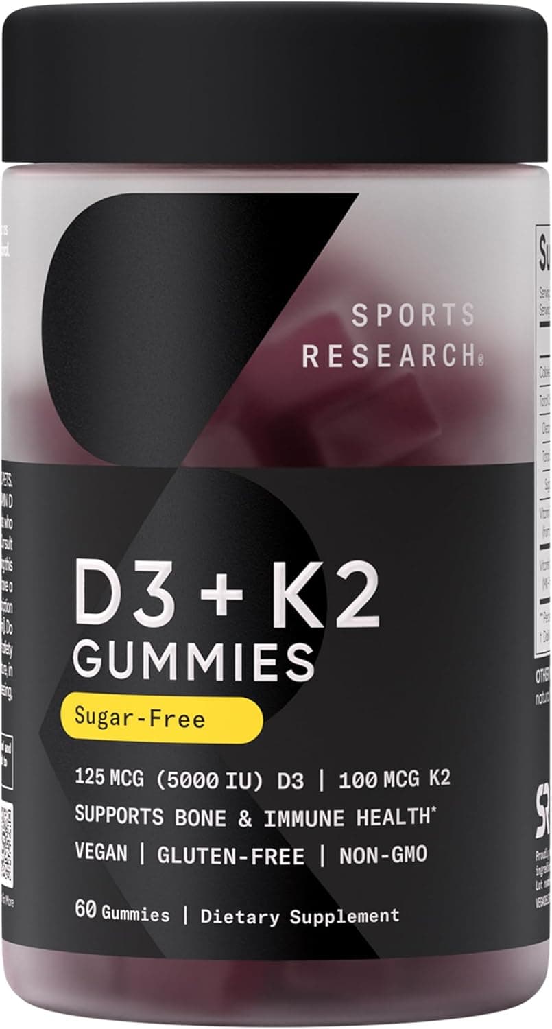 Sports Research Vegan Vitamin D3 + K2 Sugar-Free Gummies (5000 IU D3 + 100mcg MK-7, 60 Count) Gummy