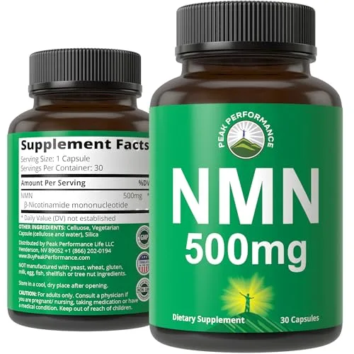 Peak Performance NMN Supplement Ultra High Strength Stabilized Nicotinamide Mononucleotide 500mg Per Capsule
