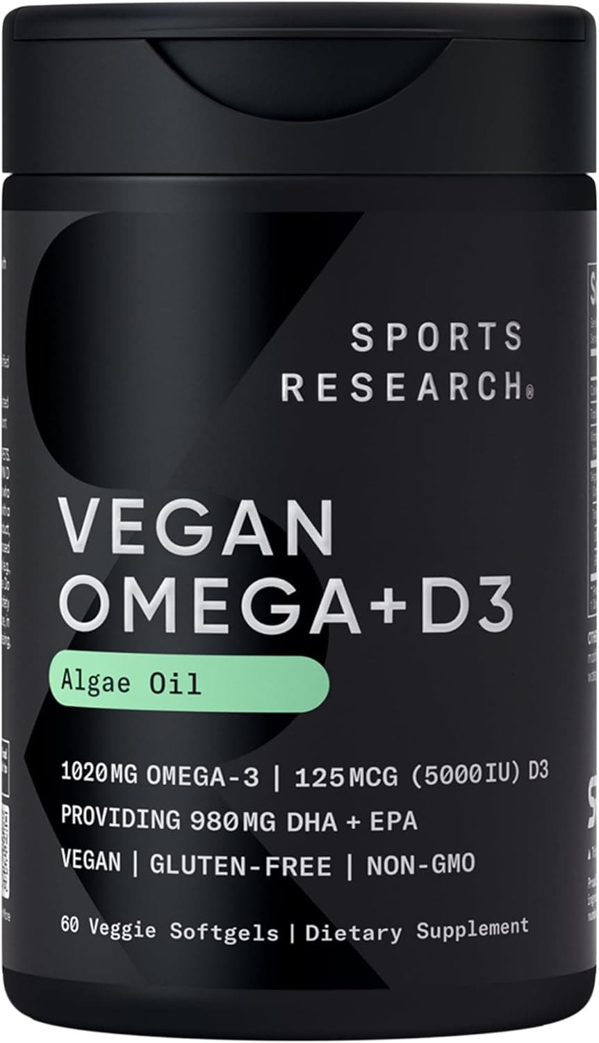 Sports Research Vegan Omega-3 with Vitamin D3 Softgels (1020mg Omega-3 + 5000 IU D3, 60 Veggie Softgels) Softgel
