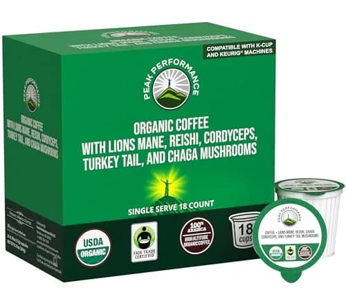 Peak Performance Organic Mushroom Coffee Pods with Lion's Mane, Reishi, Cordyceps, Turkey Tail, and K-Cup Pod