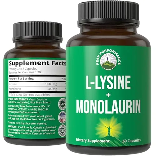 Peak Performance L Lysine 1000mg + Monolaurin 500mg Supplement for Immune Support - High Potency L-L Capsule