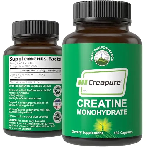 Peak Performance Creapure Creatine Monohydrate 180 Capsules - Ultra High Purity German Made Creatine Capsule