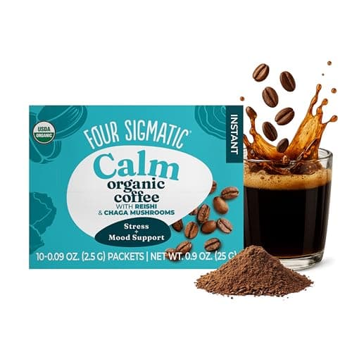 Four Sigmatic Calm Organic Instant Coffee | Medium Roast Arabica with Reishi & Chaga Mushrooms for Stress Relief & Mood Support | USDA Organic | Half Caffeine | 10 Packets — view 1 of 5