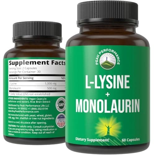Peak Performance L-Lysine 1000mg + Monolaurin 500mg supplement product image 1 of 5