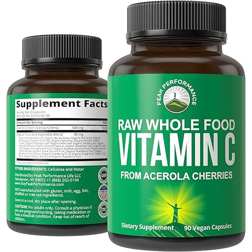 Peak Performance Raw Whole Food Natural Vitamin C Capsules from Acerola Cherry for Max Absorption. V
