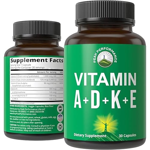 Peak Performance Vitamins D 5,000 iu + A + K + E All in 1 Easy to Swallow Vegan Capsule. ADK Vitamin